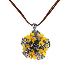 Amber Floral Pendant Sterling Silver with 18” Silk Cord